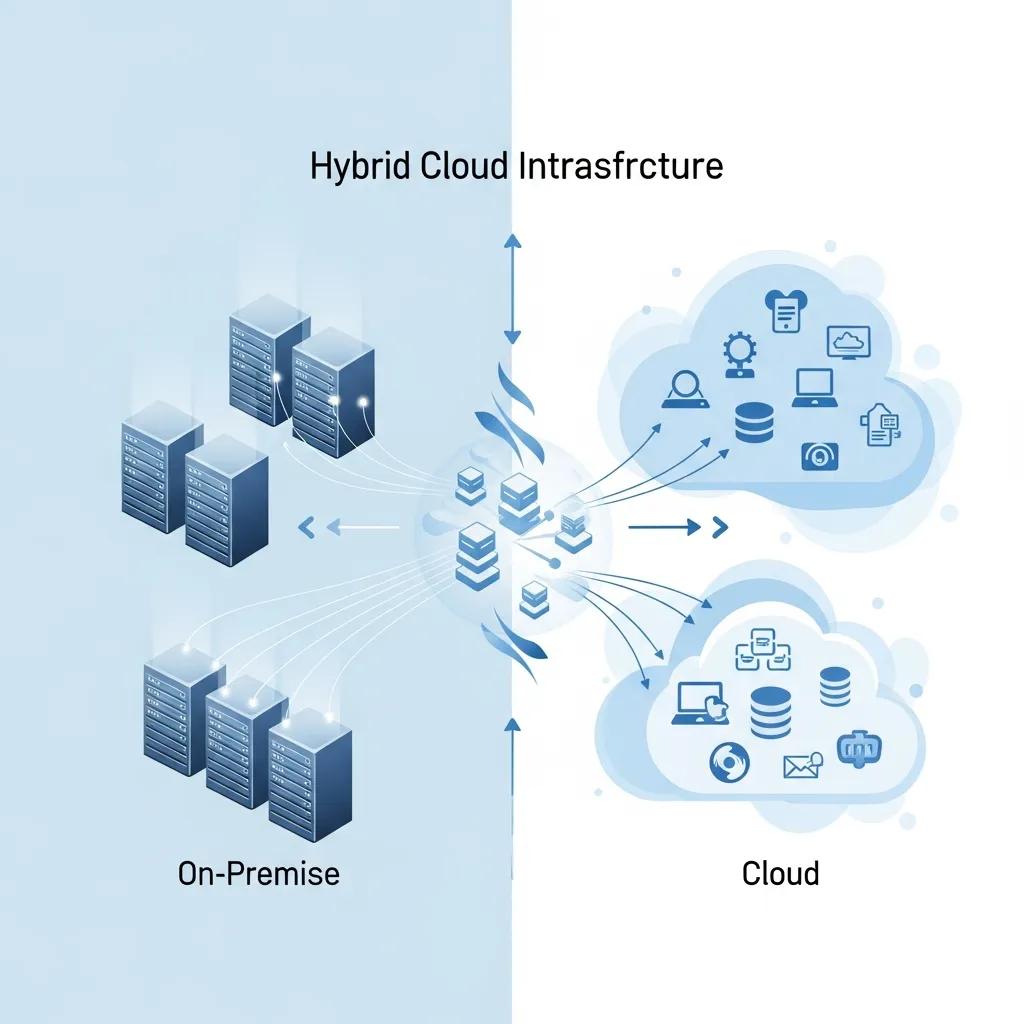 Illustration of hybrid cloud connecting on-premise systems and cloud services