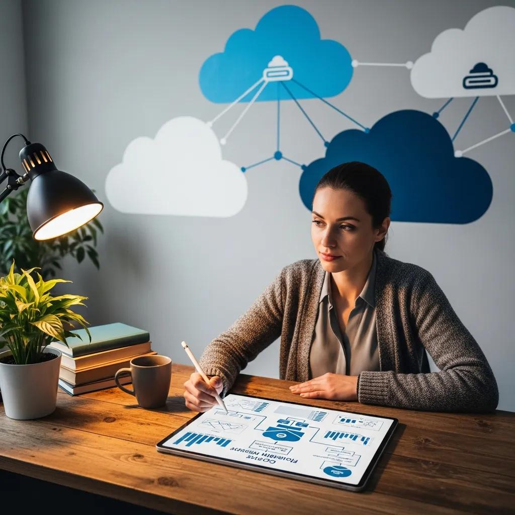 Small business owner sketching a cloud migration plan on a tablet in a comfortable office
