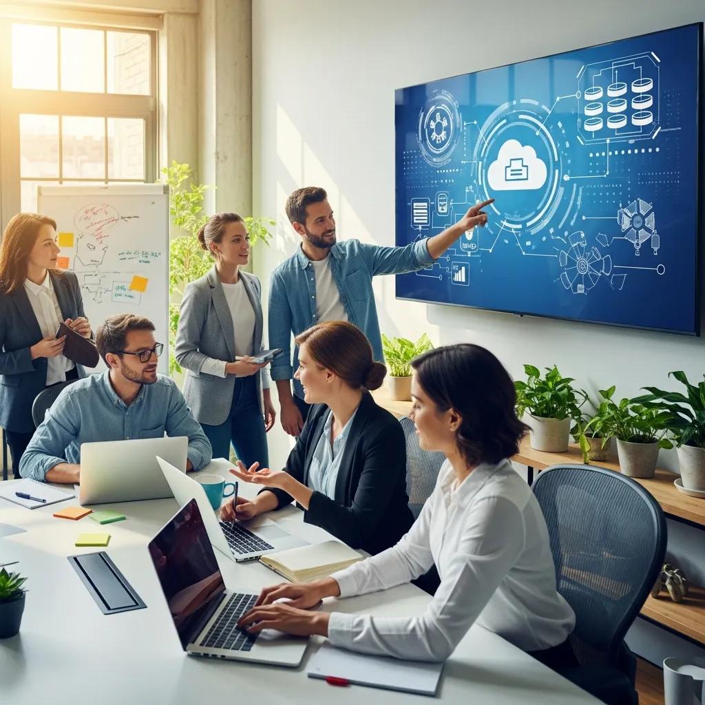 Small business professionals collaborating on IT infrastructure modernization in a modern office
