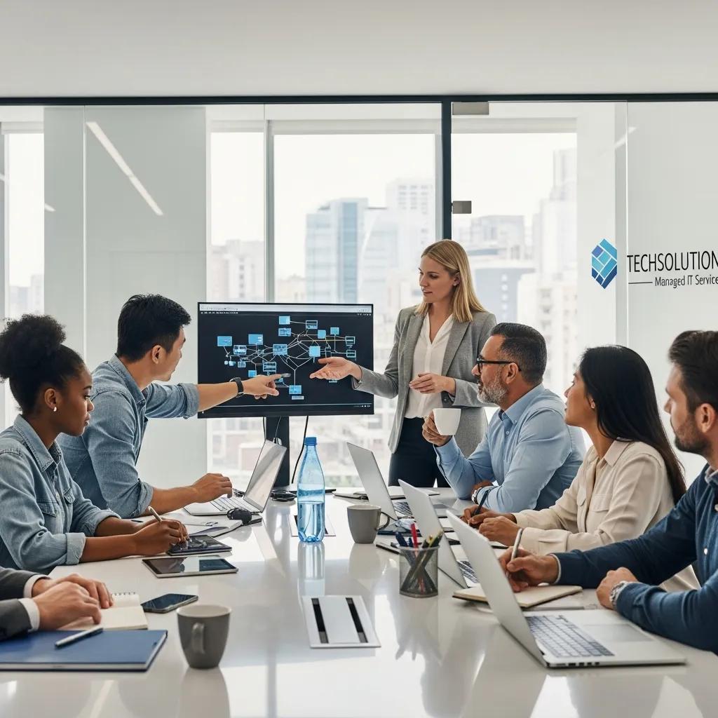 Colleagues reviewing IT strategy with a managed services team in a modern office